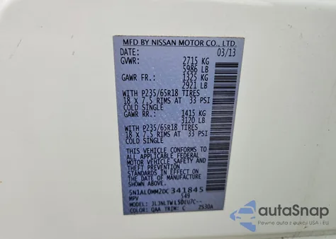 2013 Infiniti Jx35 z USA, uszkodzony, nr VIN 5N1AL0MM2DC341845